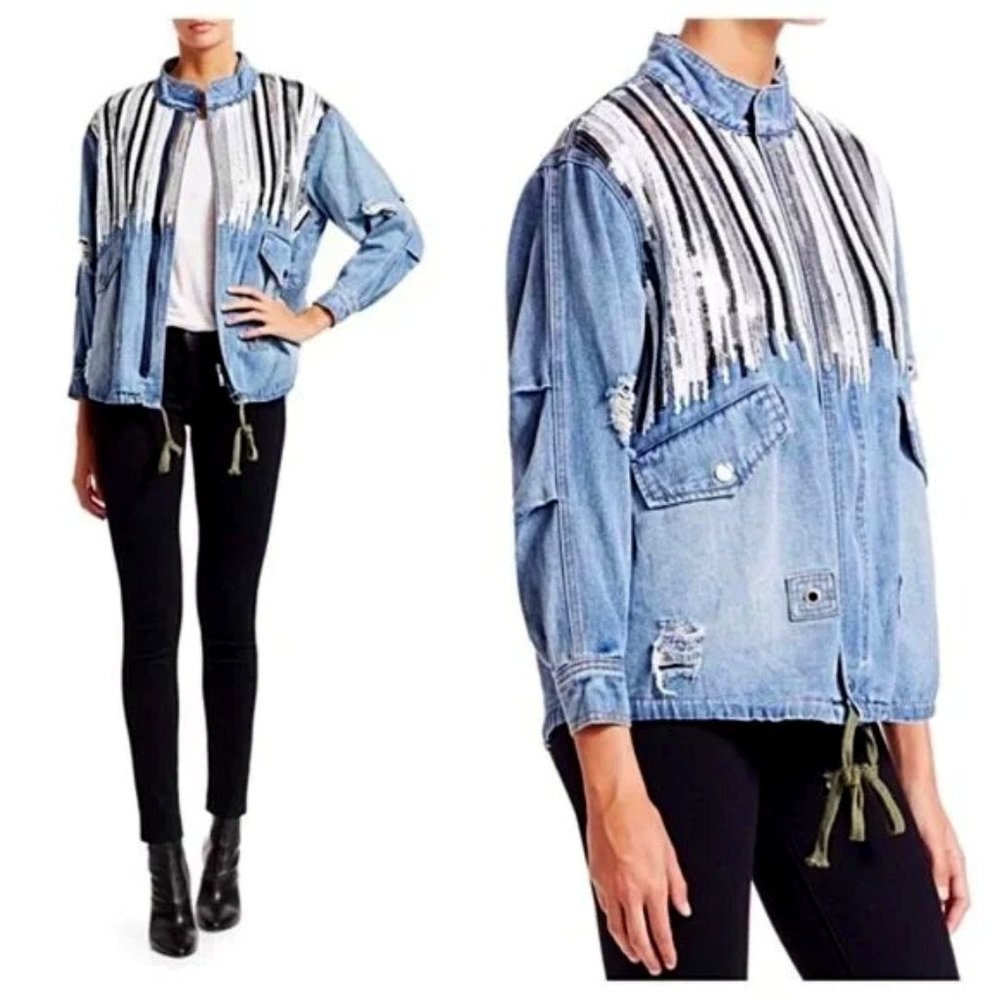 💥VTG 70s HIPPIE STYLE💥 Distressed Sequinned Denim Anorak Jacket